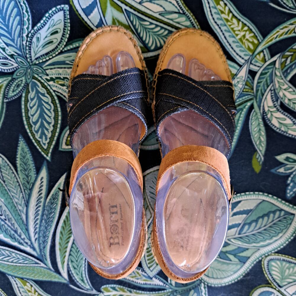 Born Tan Leather and denim blue Espadrille Wedge Sandals - Picture 3 of 10